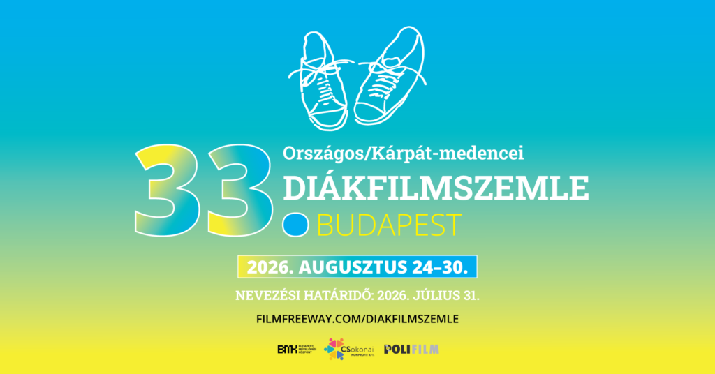Felül türkiz, alul citromsárga feliratos, szinátmenetes kis poszter, a szöveg fülött fehérrel rajzolva egy pár befelé csámpásan álló tornacipő.